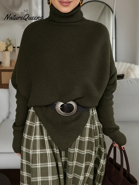 Women's Solid Color Turtleneck Long-sleeved Casual Loose Irregular Hem Pullover Knit Sweater