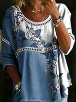 Women's Retro Floral Pattern Art Print Casual Denim Shirt