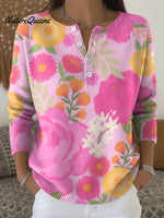 Women's Retro Abstract Flowers Floral Colorful Patterns Art Print Buttoned Cardigan Sweater