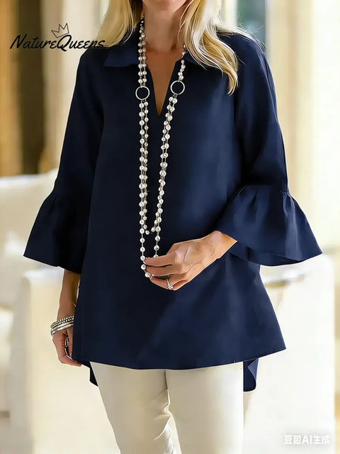 Women's Solid Color V-neck Three-quarter Sleeve Casual Loose Cotton And Linen Top