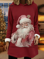 Cute Santa Claus Print Loose Long Hooded Sweatshirt
