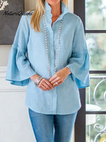 Women's Solid Color Lapel 3/4 Sleeve Casual Loose Cotton And Linen Shirt