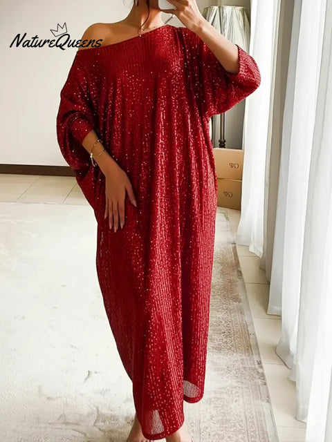 Women's Christmas Sparkling Horizontal Neck Loose Dress