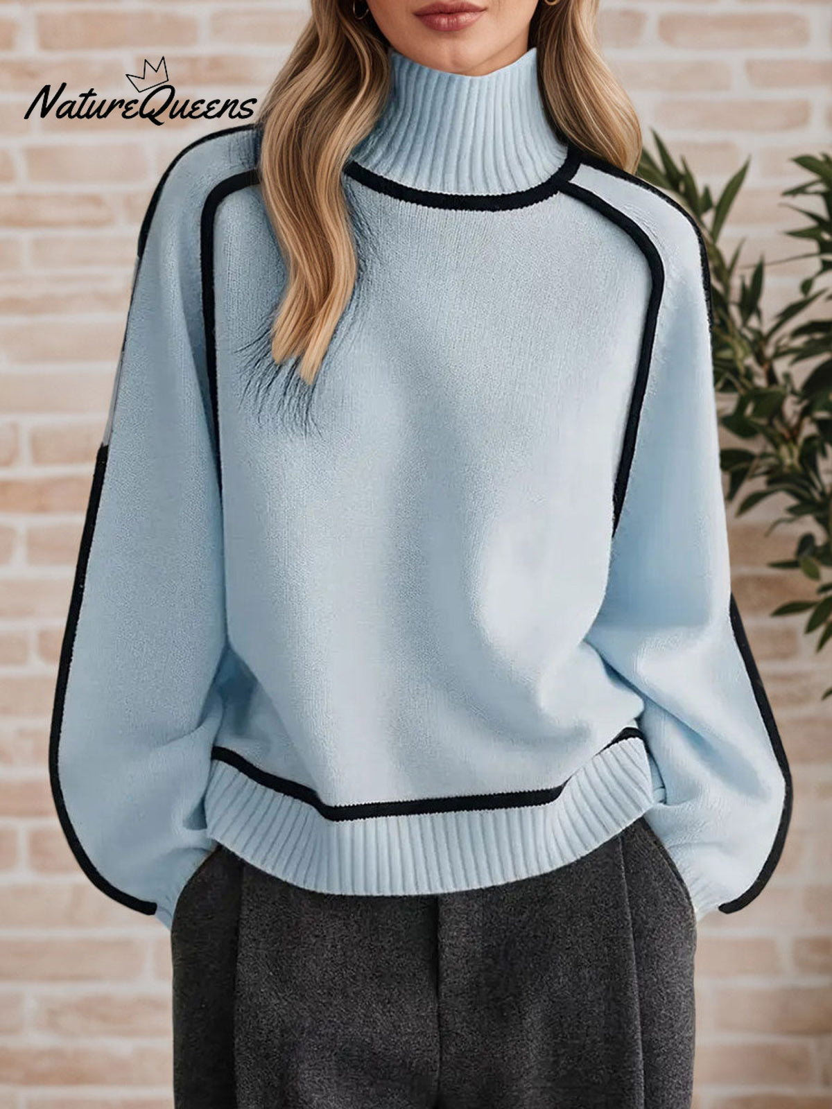 Women's Solid Color High Neck Ribbed Knit Sweater