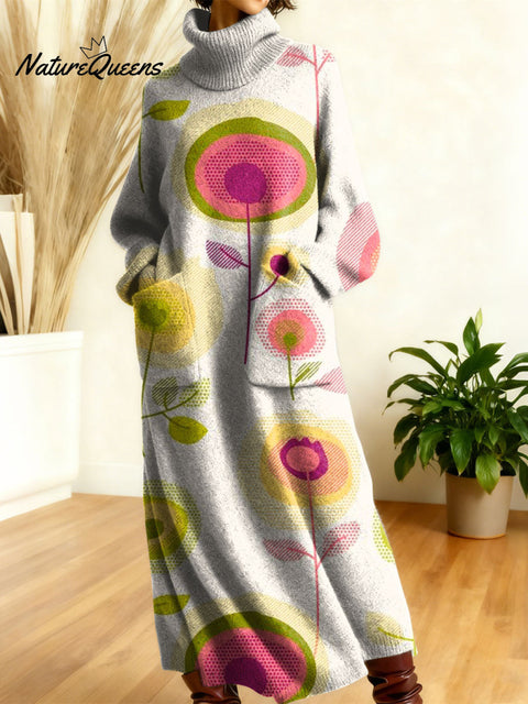 Women's Retro Floral Flowers High-neck Long-sleeve Casual Loose Knit Dress
