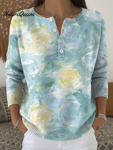 Women's Multicolor Flowers Pattern Art Print Buttoned Cardigan Sweater