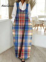 Women's Retro Plaid Art Print Casual Cotton Denim Dress