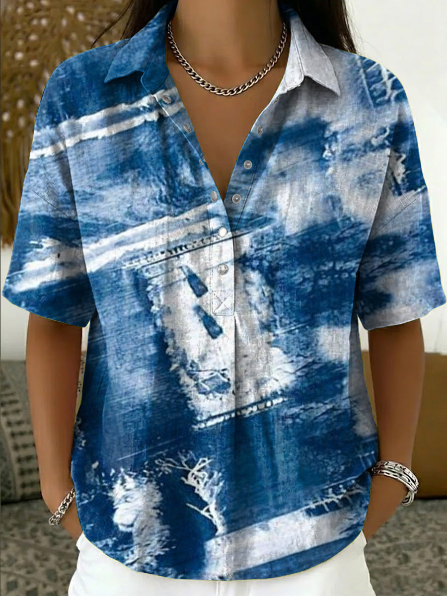 Artistic Patchwork-print Short-sleeve Polo Shirt — Half-placket Button Design