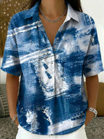 Artistic Patchwork-print Short-sleeve Polo Shirt — Half-placket Button Design