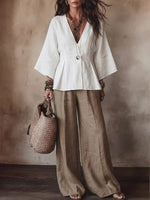 Women's Fitted Waist V-neck Top And Wide-leg Pants Cotton Linen Set