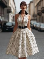 Vintage Polka Dot Halter A-Line Midi Dress With Contrast Collar