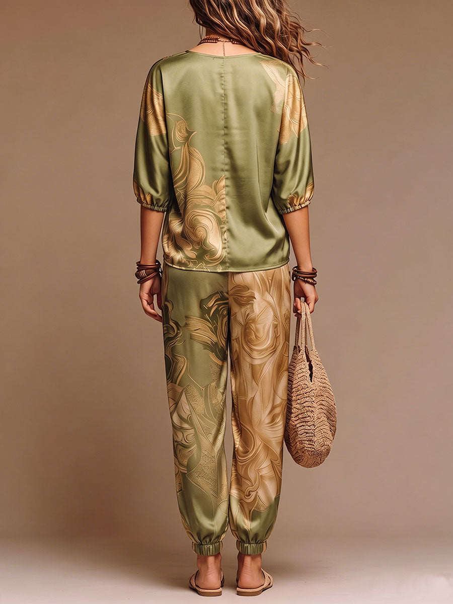 Women's Casual Satin Set: V-neck 3/4-sleeve Top With Placement Print & High-waisted Wide-leg Pants