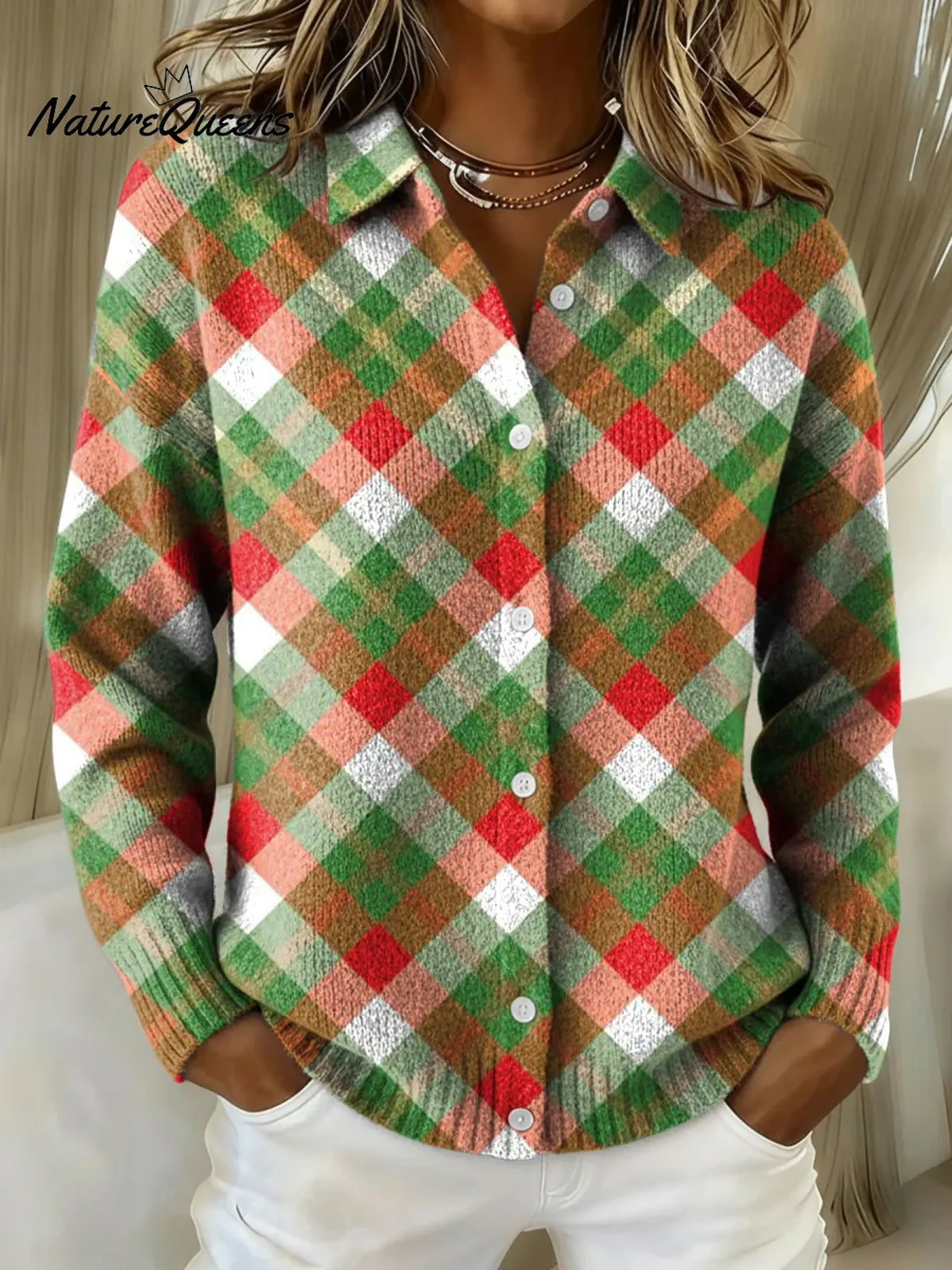 Women's Christmas Stripes Printed Collared Sweater