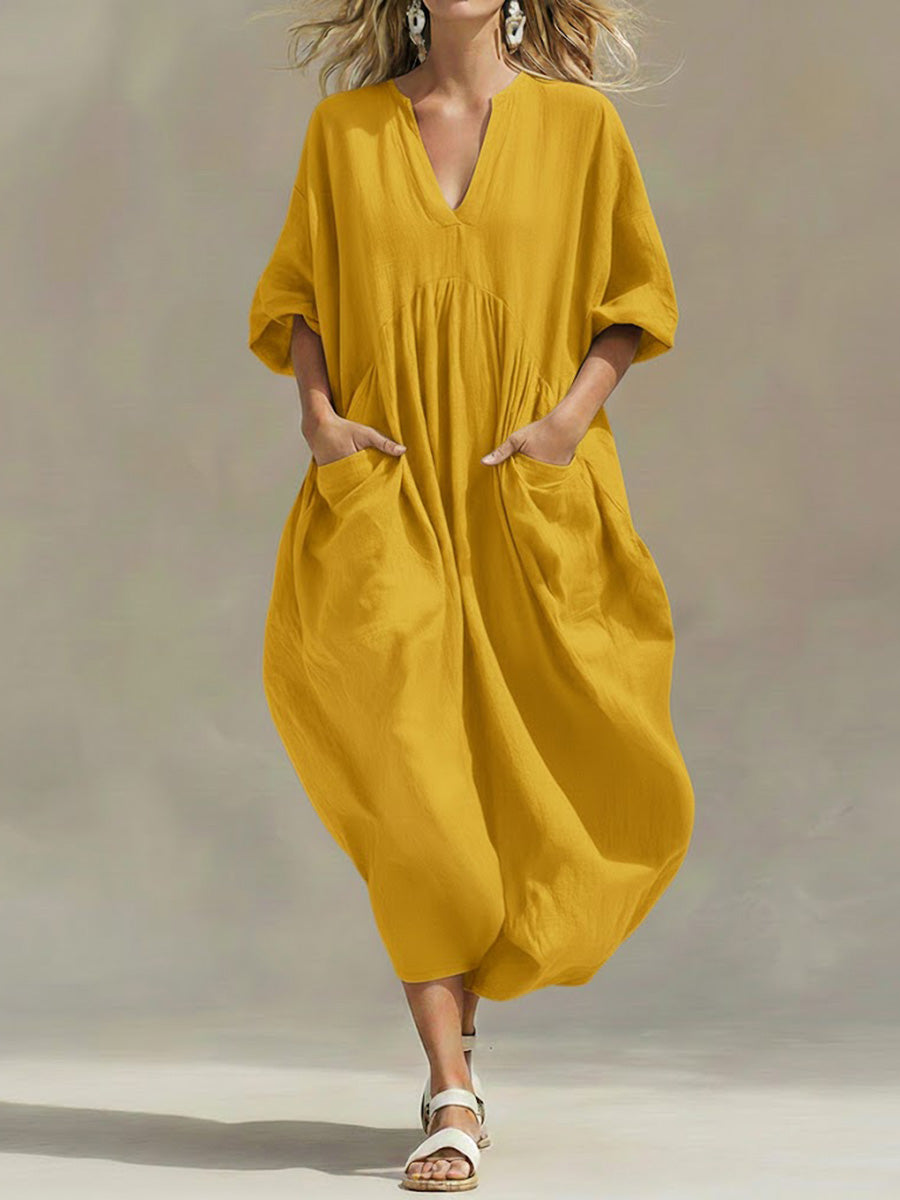 Women's Solid Color V-neck 3/4 Sleeve Casual Loose Cotton And Linen Dress