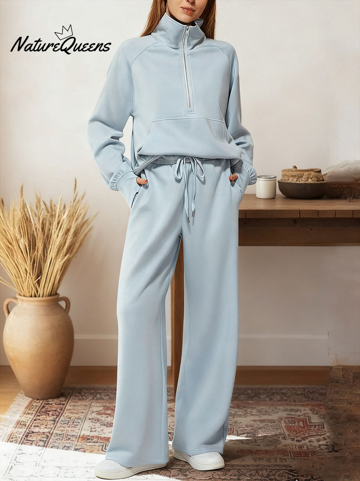 Women's Two-piece Set Half-zip Sweatshirt Wide-leg Pants Casual Suit.