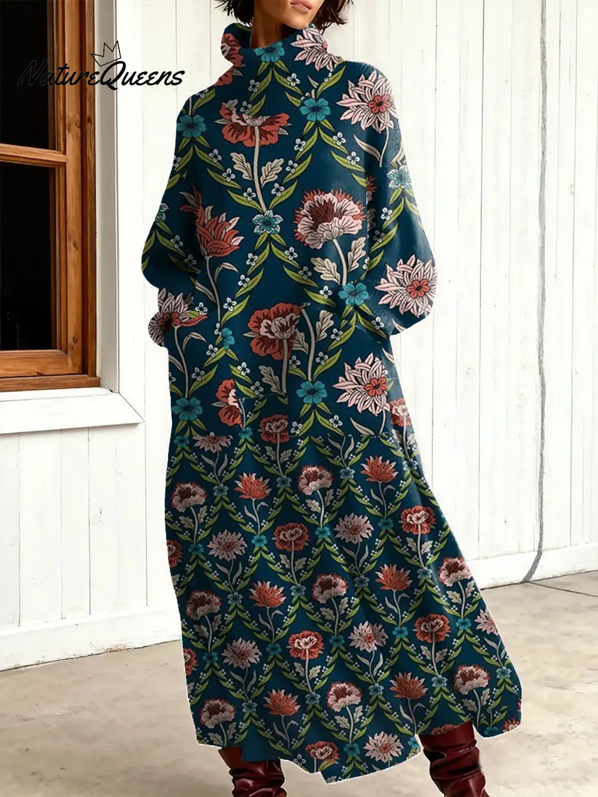 Women's Vintage Flower Art Print Casual Cotton Knitted Dress