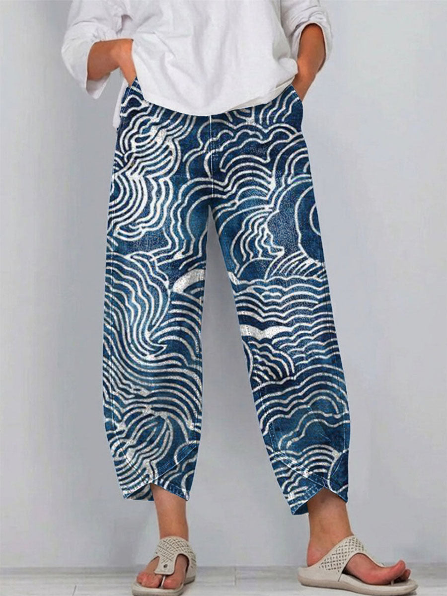 Women's Vintage Japanese Style Art Prints Casual Denim Cotton Pants