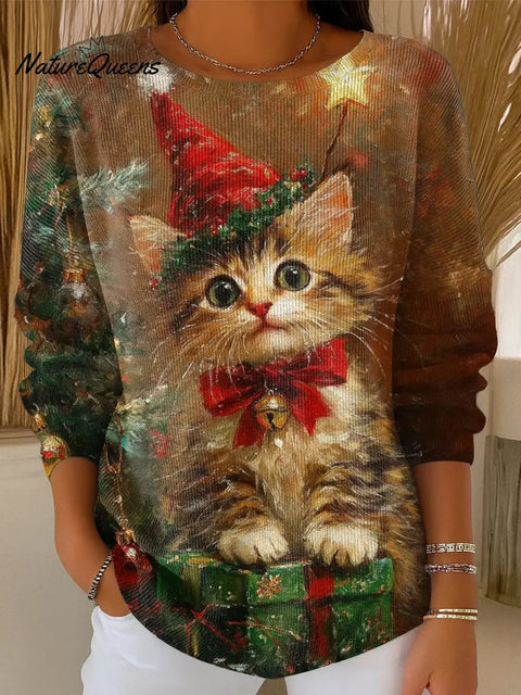 Women's Christmas Cat Casual Pullover Sweater