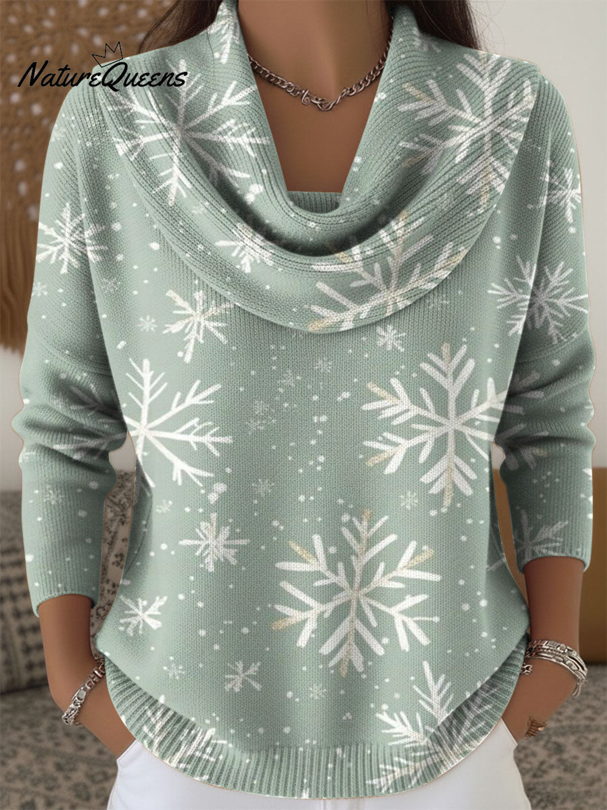 Women's Winter Snowflake Decorative Patterns Casual Swing Collar Long Sleeve Sweater