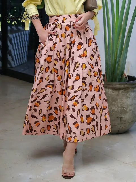 Women's Abstract Print High-waisted Casual Loose A-line Cotton Midi Skirt