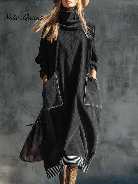 Women's Solid Color High Neck Long Sleeve Casual Loose Pocket Dress