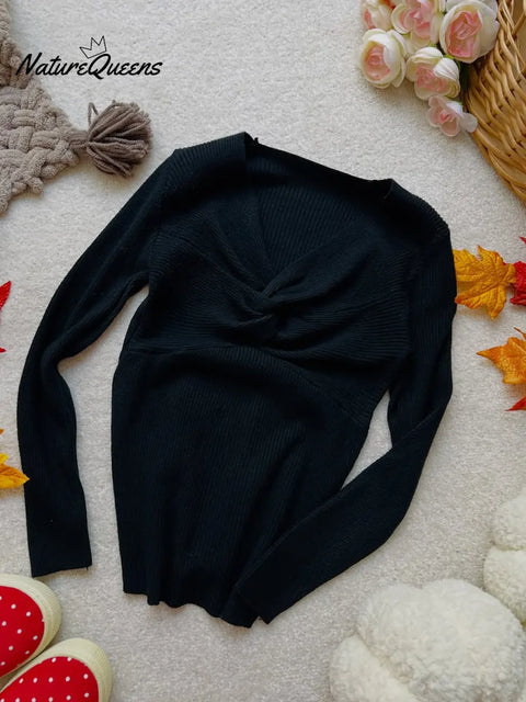 Women's Solid Color V-Neck Long Sleeve Casual Knit Sweater