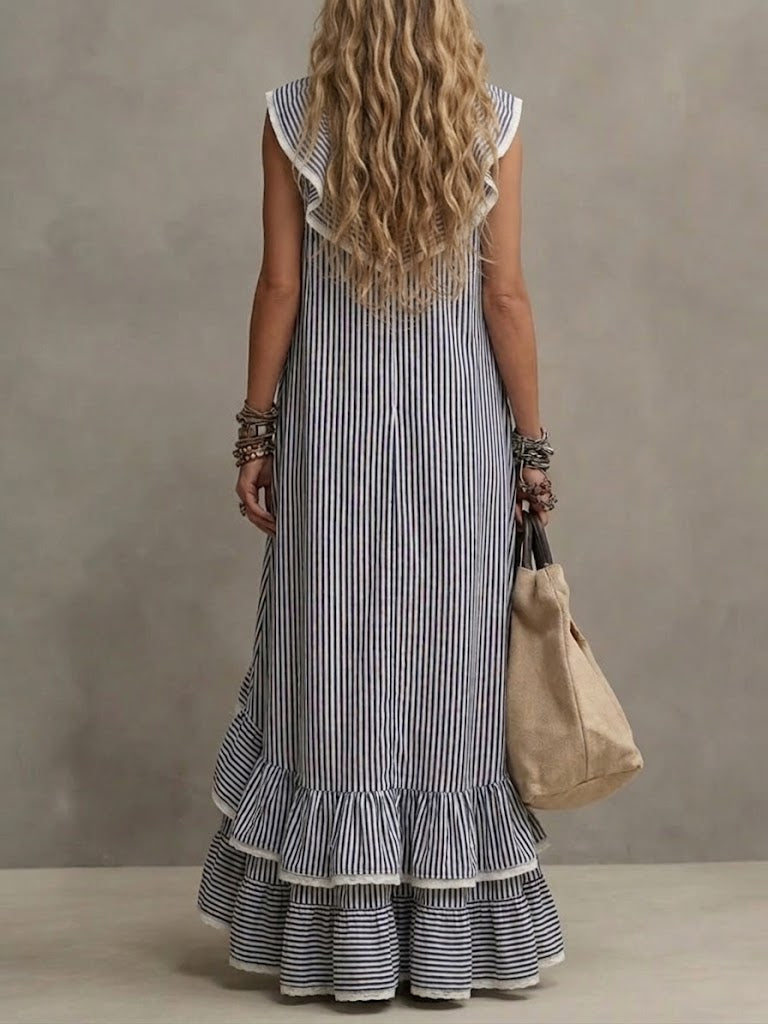 Stylish Casual Striped Linen-cotton Ruffled Maxi Dress