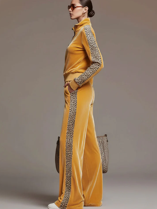 Casual Sporty Retro Leopard Print Sweatshirt And Wide-leg Pants Two-piece Set
