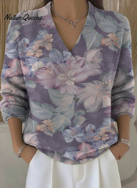 Elegant Purple Floral Decorative Patterns Women's Casual V Collar Long Sleeve Sweater