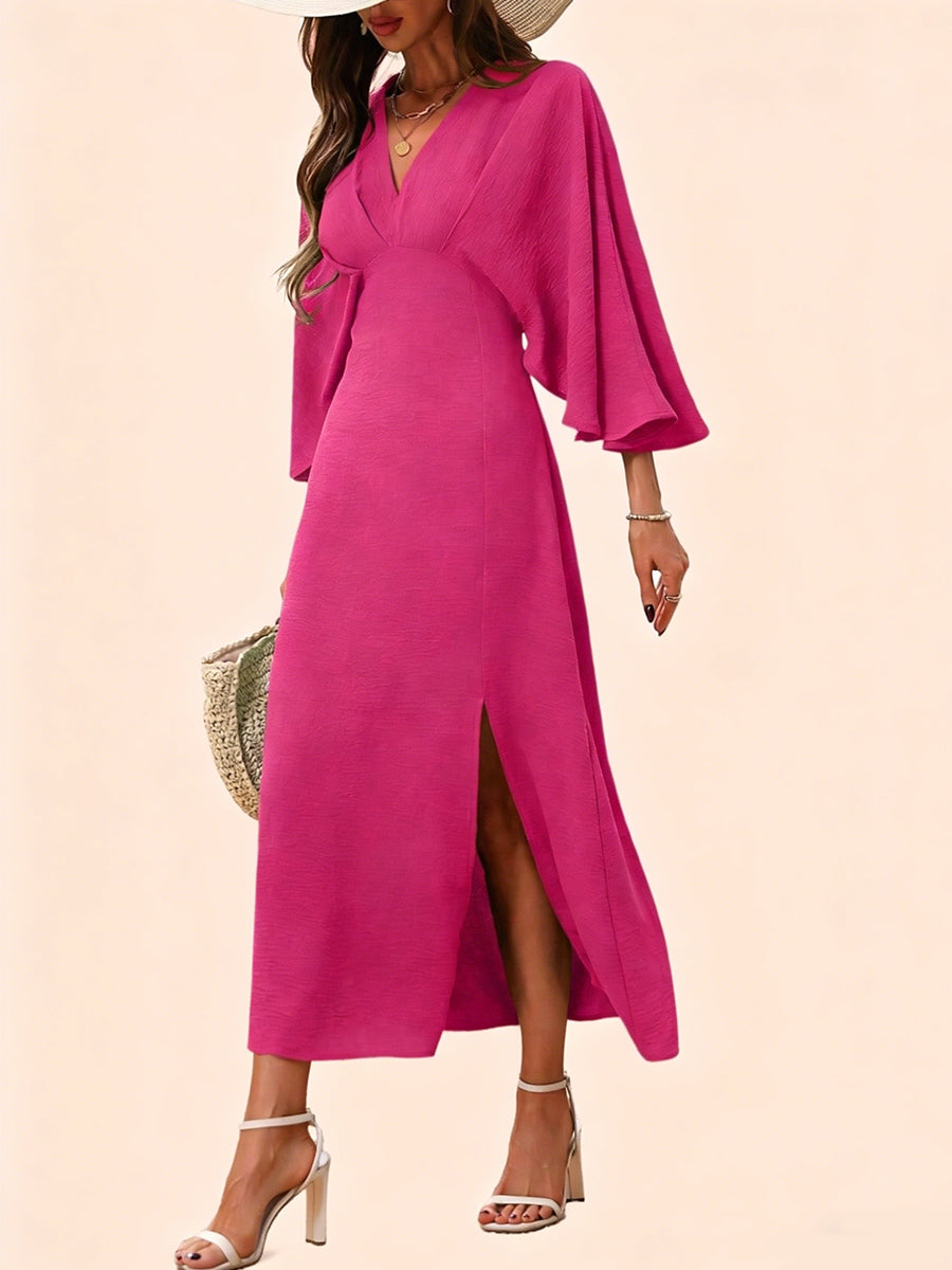 Women's V-neck Slit Loose-fitting Long-sleeved Dress