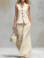 Comfortable And Casual V-neck Sleeveless Button-down Top And Trousers Set