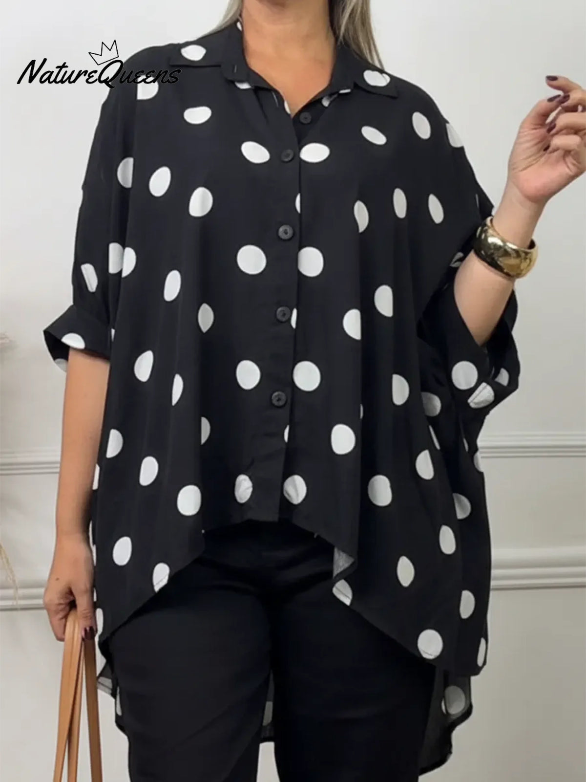 Artistic Polka Dot Print Irregular Hem Shirt