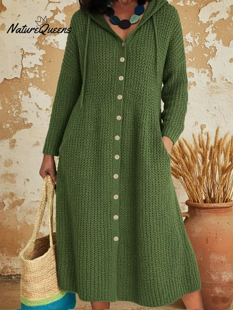 Cozy Casual Hooded Button-up Knit Dress