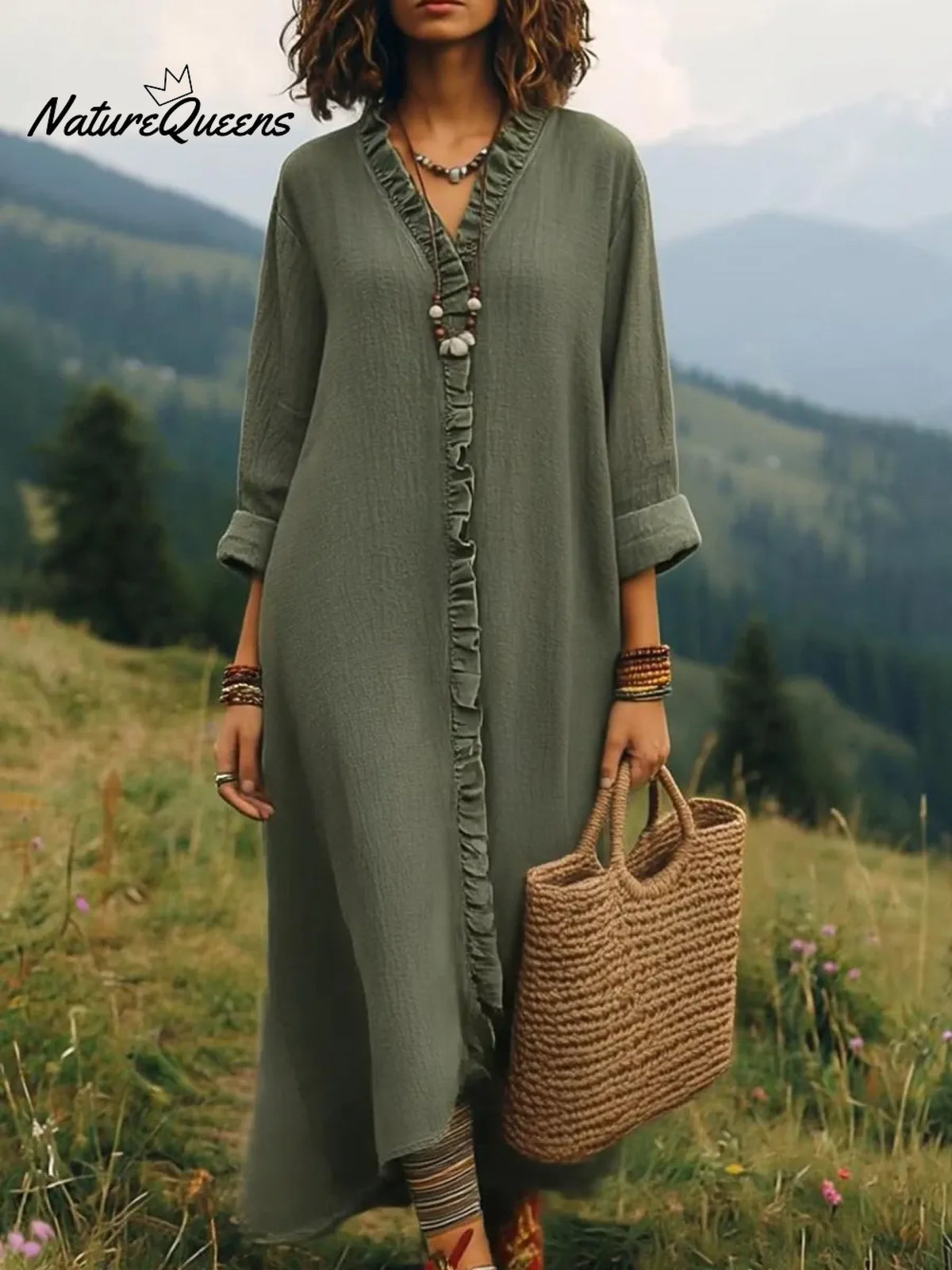 Boho Style Casual Lace V-neck A-line Cotton Dress