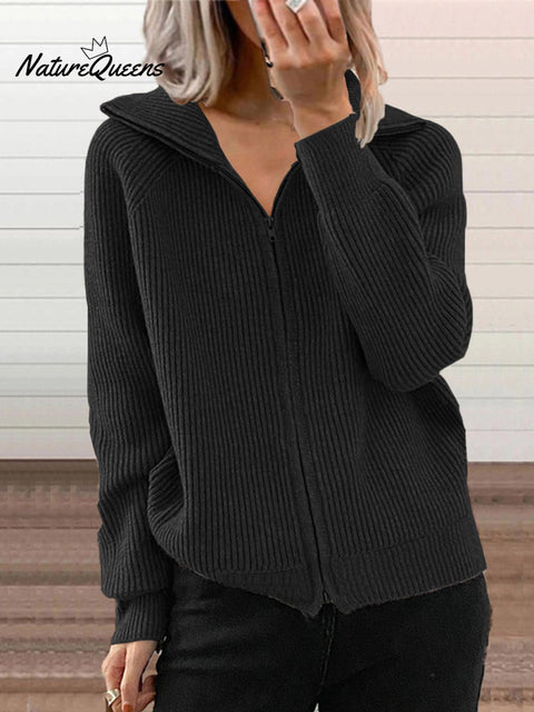 Women's Striped Casual Loose Knit Cardigan Zip Lapel Sweater