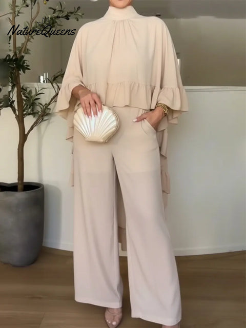 Flowy And Elegant Ruffled Shirt And Pants Two-piece Set