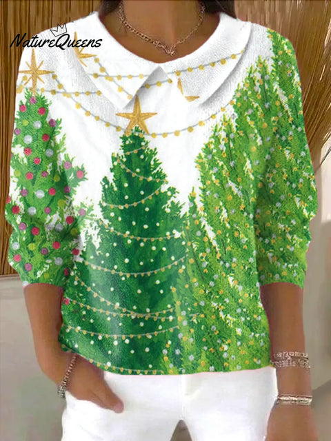 Women's  Christmas Tree  Print Casual Peter Pan Collar 3/4 Sleeve Sweater