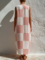 Women's Plaid-print V-neck Sleeveless Casual Loose Cotton-linen Dress