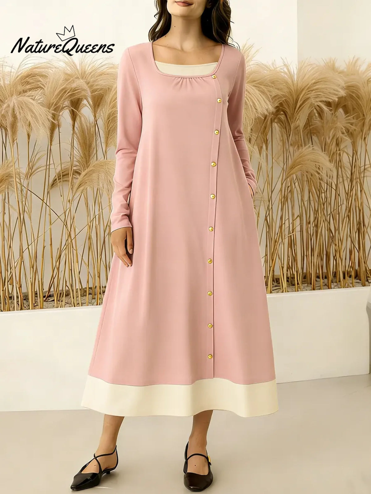 Women's Round Neck Long-sleeved Casual Loose Color-blocked Dress