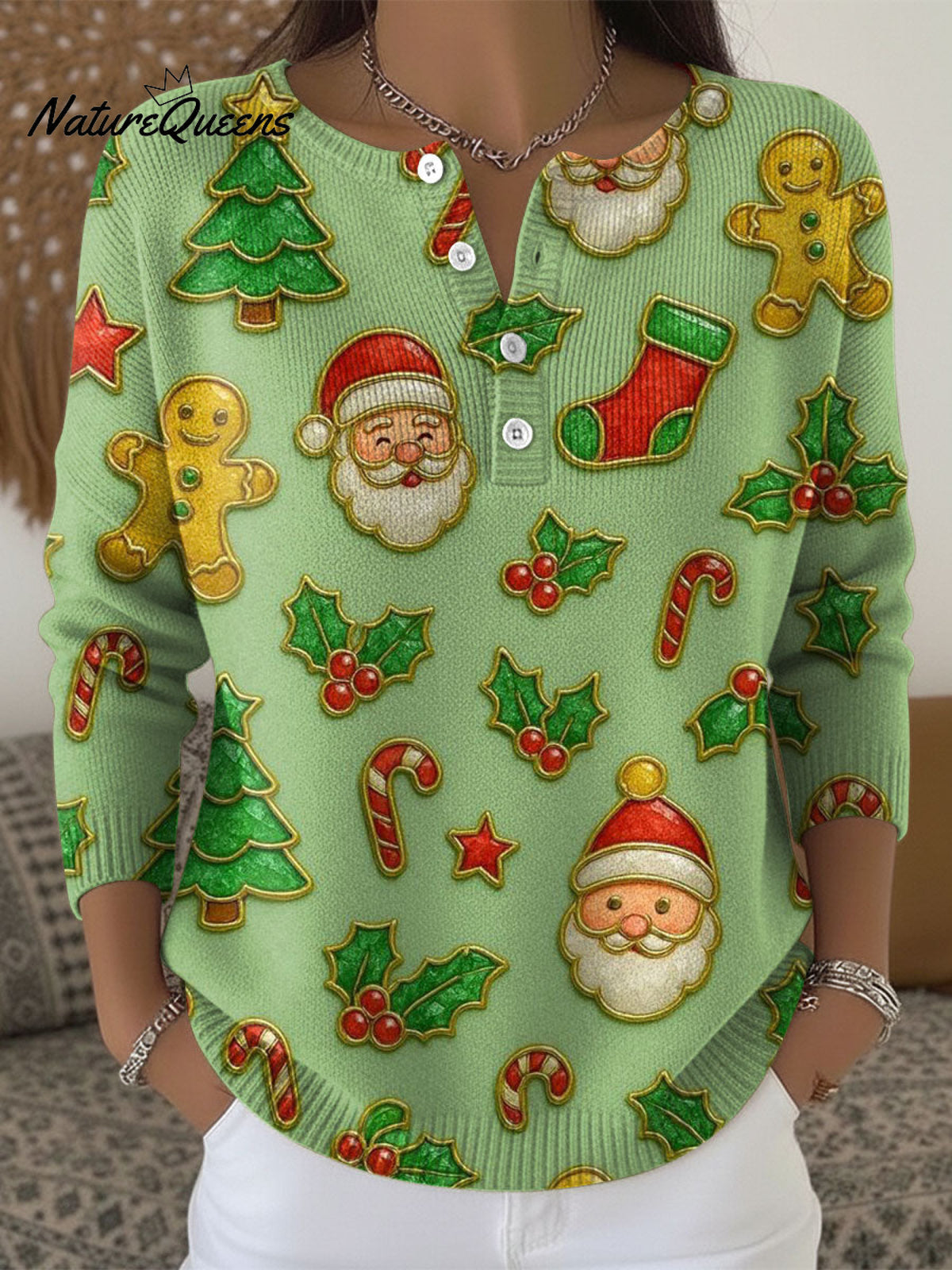 Women's Retro Christmas Tree Santa Claus Gingerbread Man Snowflake Art Pattern Art Print Buttoned Cardigan Sweater