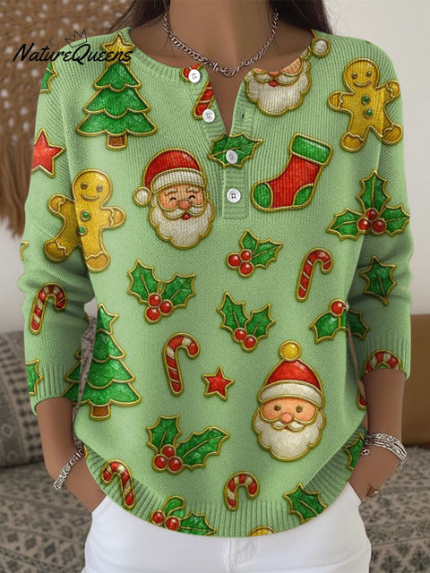 Women's Retro Christmas Tree Santa Claus Gingerbread Man Snowflake Art Pattern Art Print Buttoned Cardigan Sweater