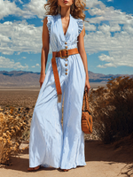 Striped Halter-Neck, Cold-Shoulder, Waist-Cinching, Wide-Leg Jumpsuit