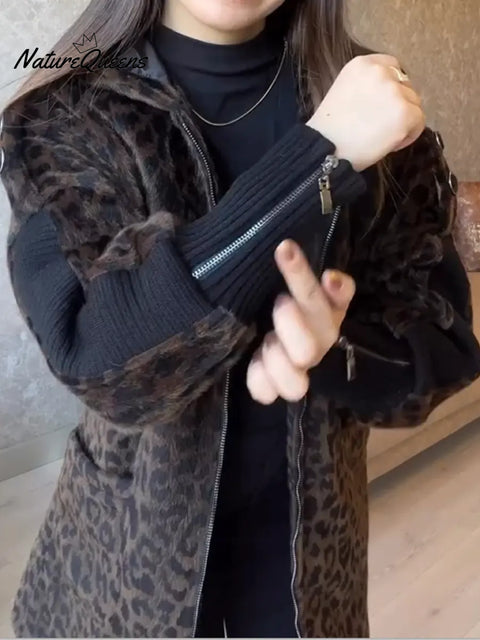 Women's Angolan Leopard Print Zip-Up Hooded Coat