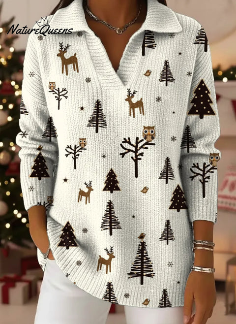 Women's Christmas Tree Pattern Art Print Casual Cotton Sweater
