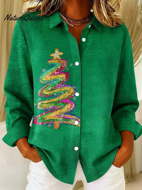 Women's Christmas Tree Pattern Art Print Casual Cotton Shirt