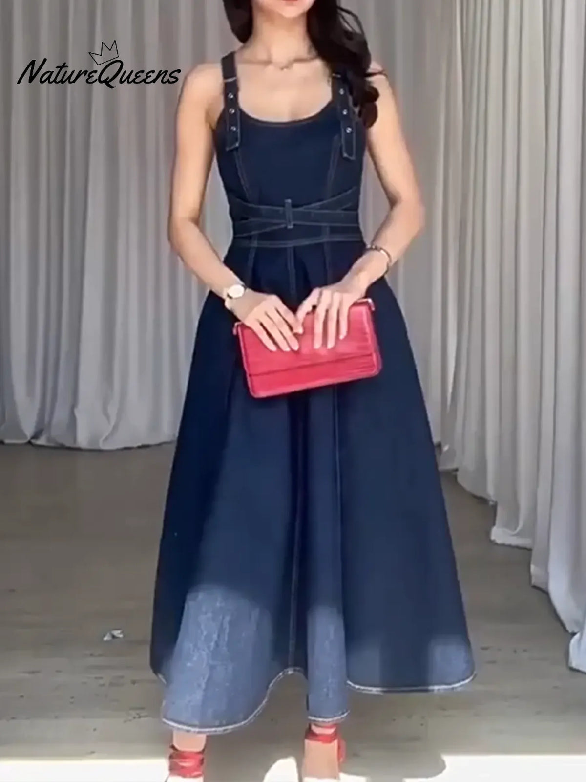 Women's Denim Vest And A-line Cotton Dress