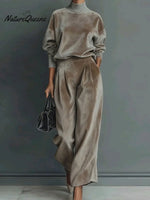 Women's Solid Color Stand Collar Long Sleeve Casual Loose Velvet Top And High Waist Casual Wide Leg Pants Set