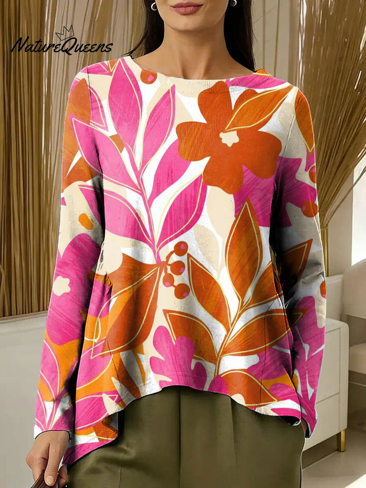 Women's Flowers Colorful Round Neck Casual Print Long-sleeved Ruched T-shirt