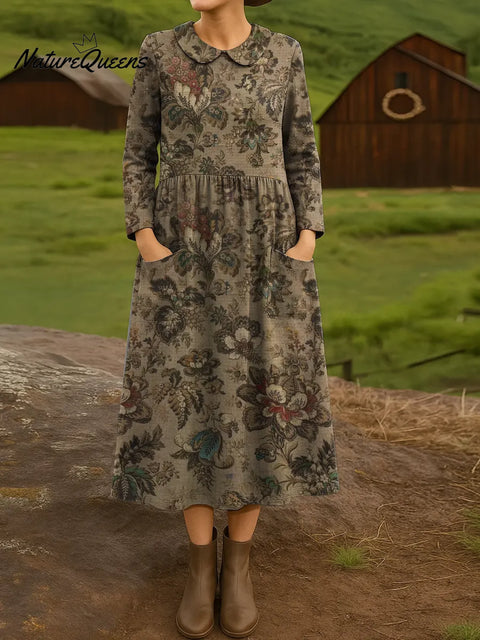 Women's Retro Flowers Print Cotton Lapel Button-Down Shirt Dress