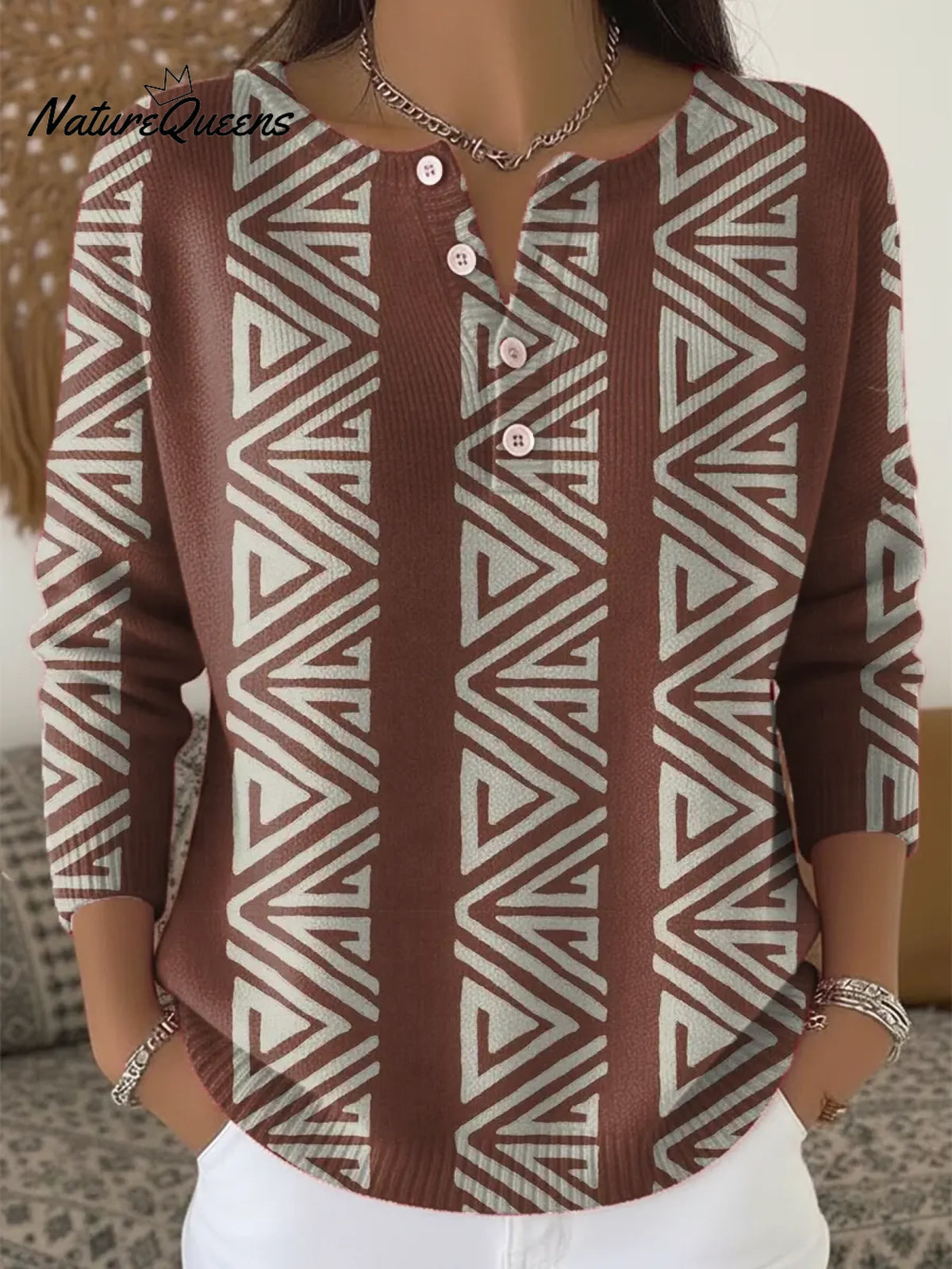 Women's Vintage Abstract Geometry Art Print Buttoned Cardigan Sweater